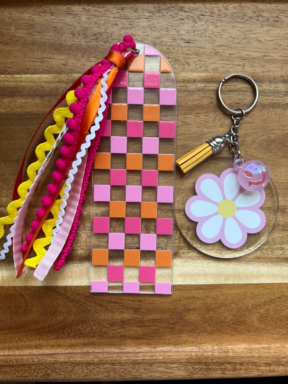 Handmade Flower Keychain and Ribbon Checkered Bookmark Set